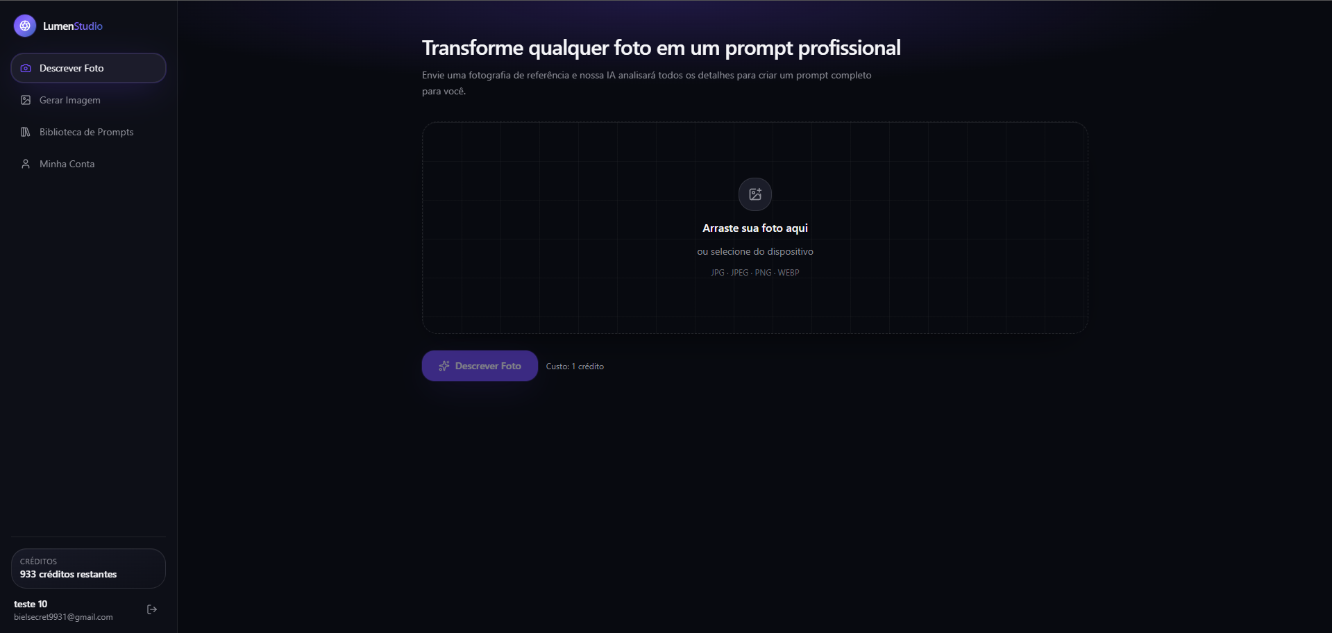 Tela real da LumenStudio: Descrever Foto